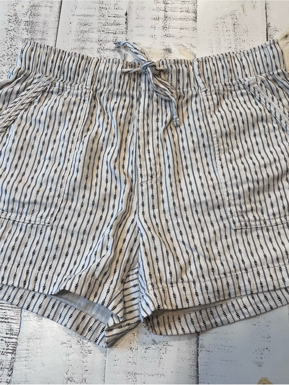Old Navy White and Black Striped High-Waist Drawstring Shorts